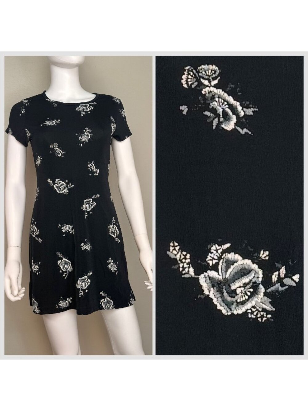 Vintage 1990s Black Floral Knit Mini Dress, La Belle Size XS